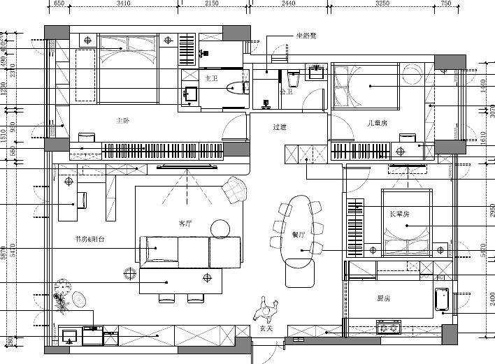 花半里真实平面布置图，展示主卧、儿童房、书房阳台、客餐厅、厨房和长辈房